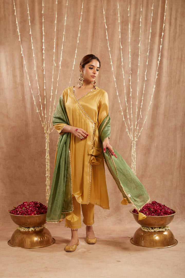 Golden Scallop Tissue Angrakha with  Narrow Pants and Dupatta - Set of 3