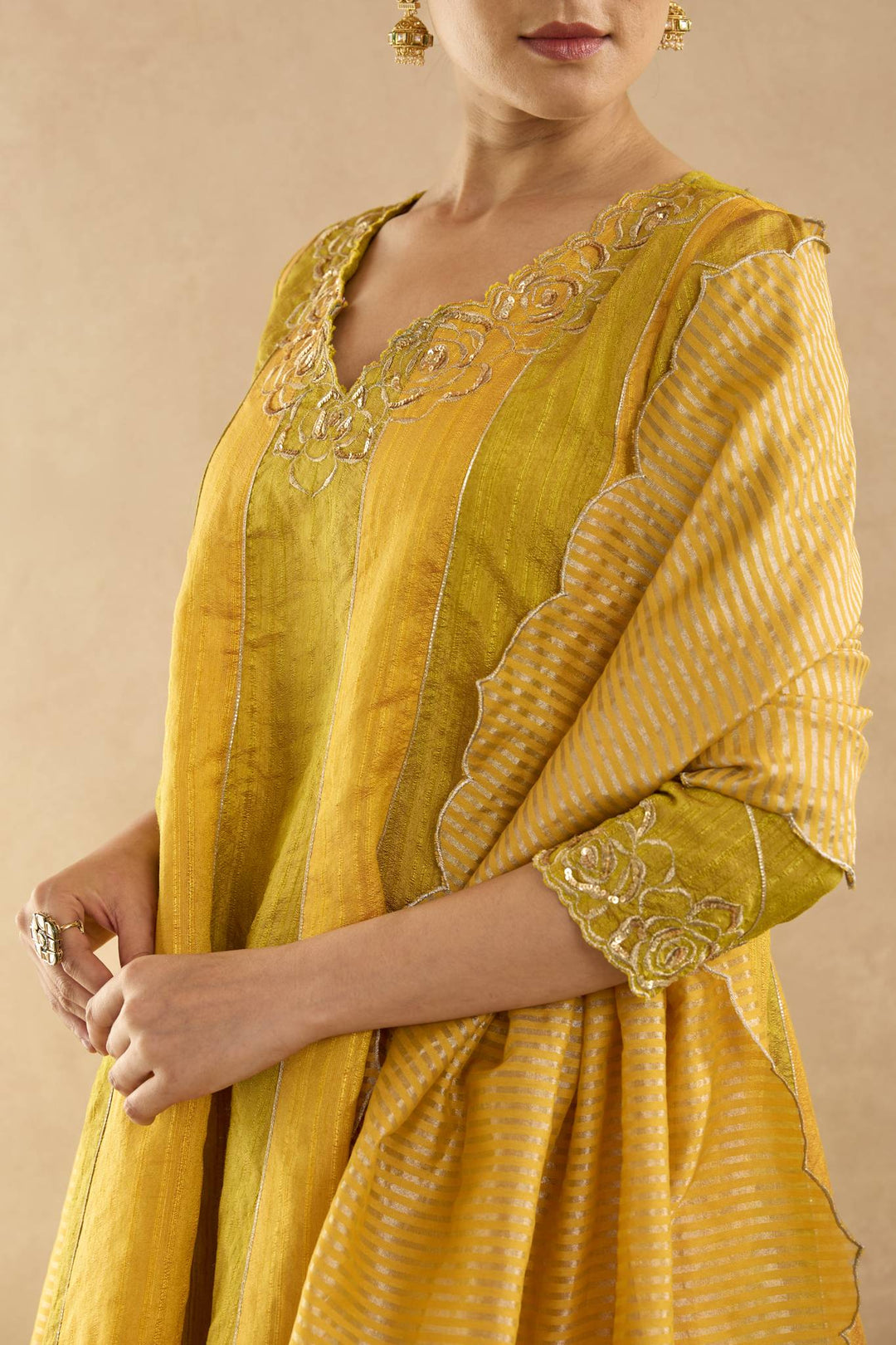 Olive Yellow Zari Anarkali with Wide Leg Pants and Scallop Dupatta - Set of 3