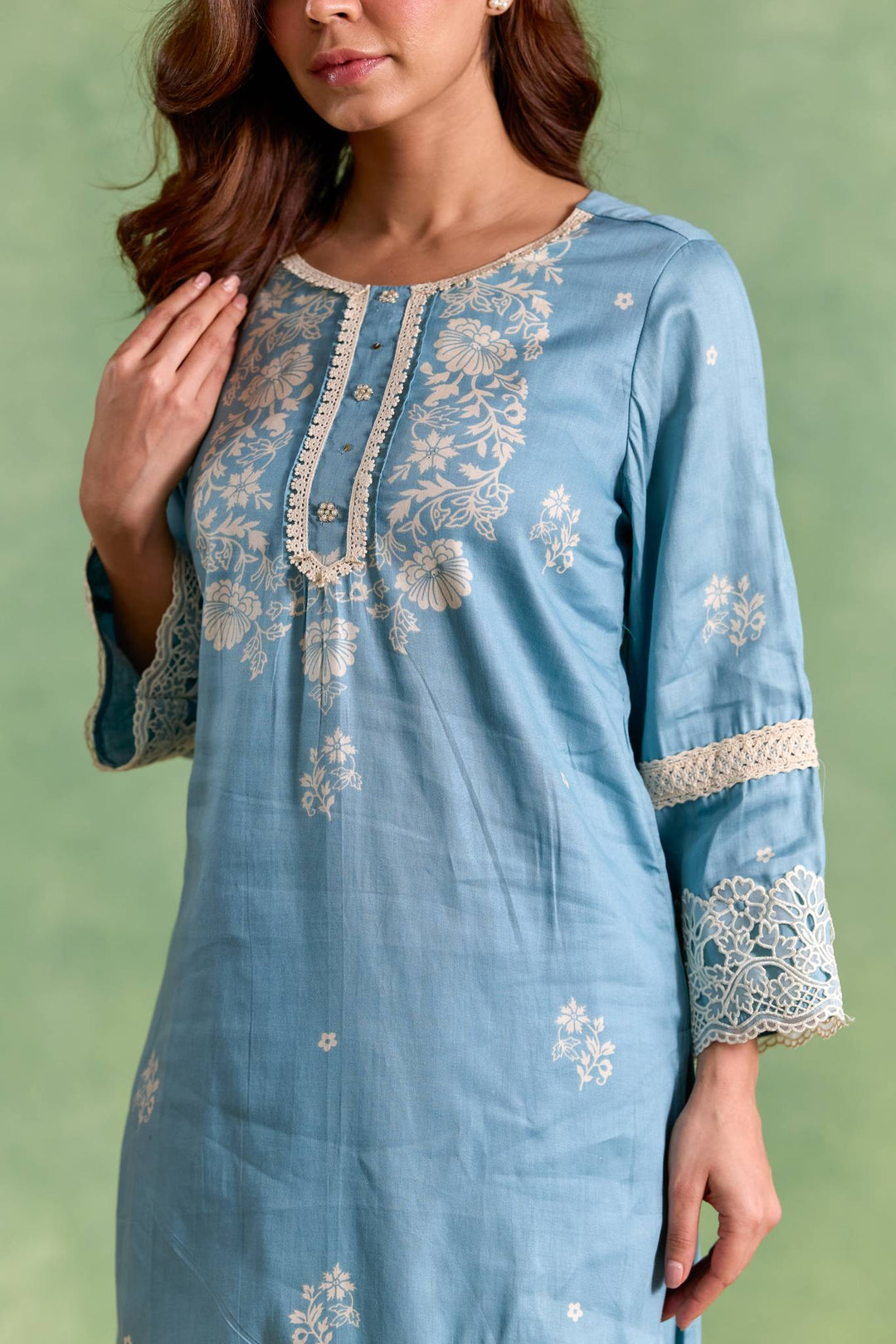 Blue Lotus Kurta with Narrow Pants and Dupatta - Set of 3