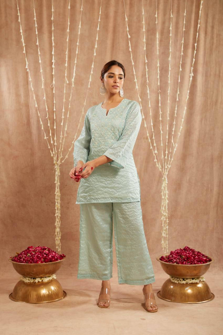 Blue Moroccan Dori Kurta with Flared Pants and Dupatta- Set of 3