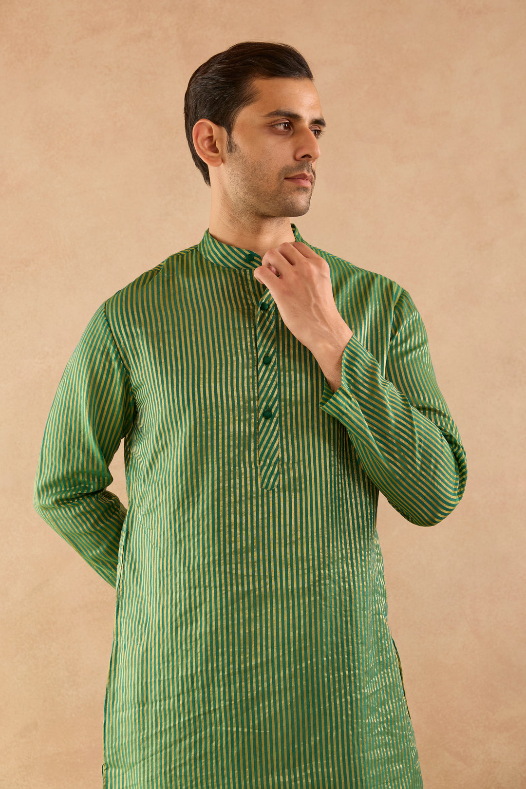 Emerald Lily Chanderi Stripe Kurta with Narrow Pants - Set of 2