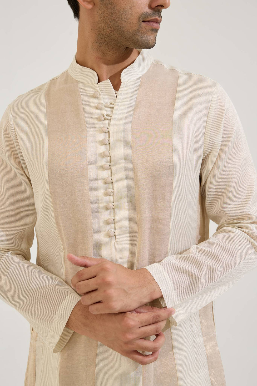 White Gold Panel Chanderi Stripe Kurta with Narrow Pants - Set of 2