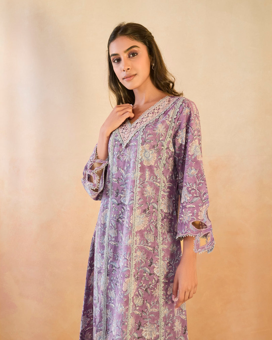 Mauve Chintz Cutwork Kurta with Wide Leg Pants - Set of 2