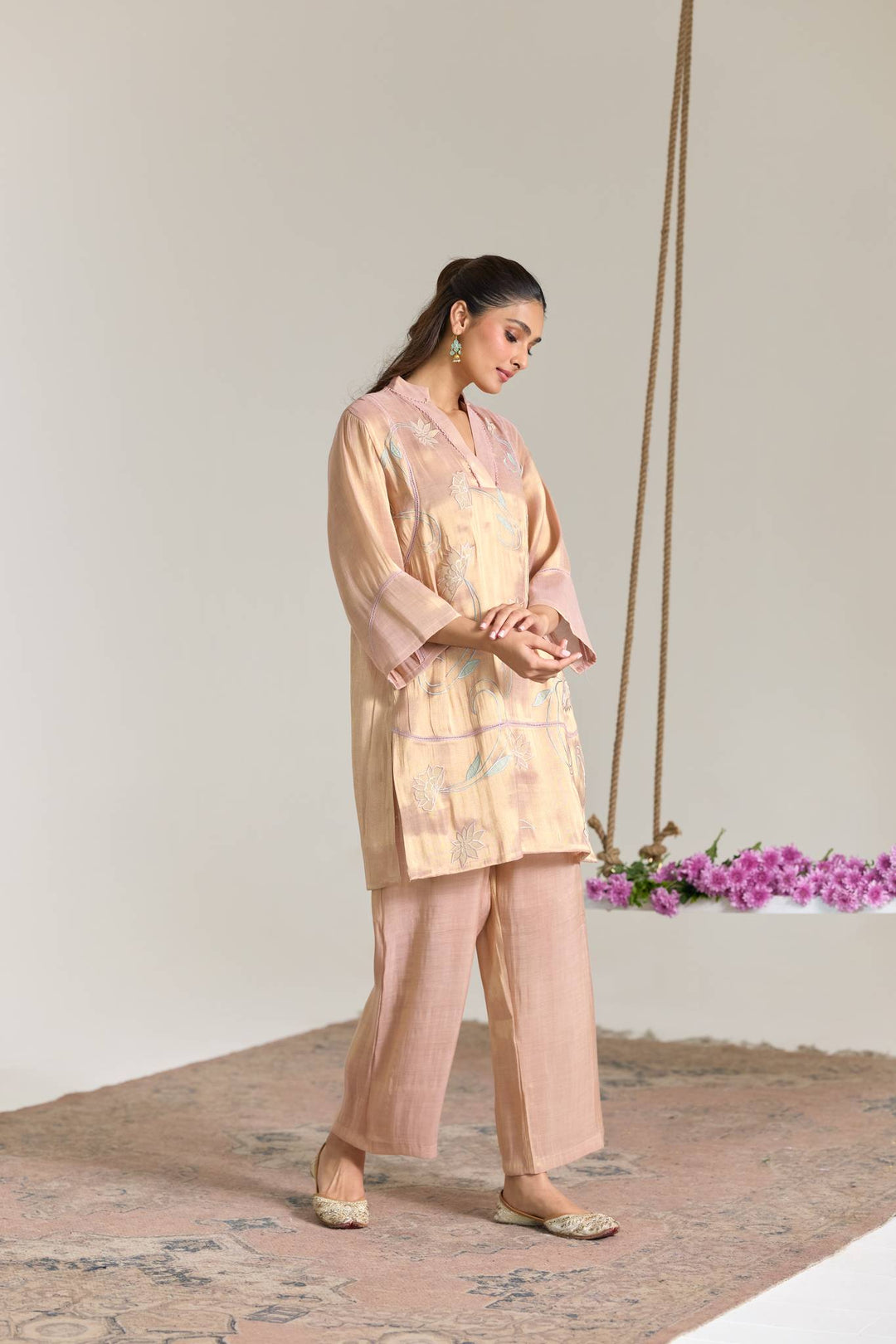 Blush Mint Applique Embroidered Tissue Kurta Set with Panel Dupatta - Set of 3