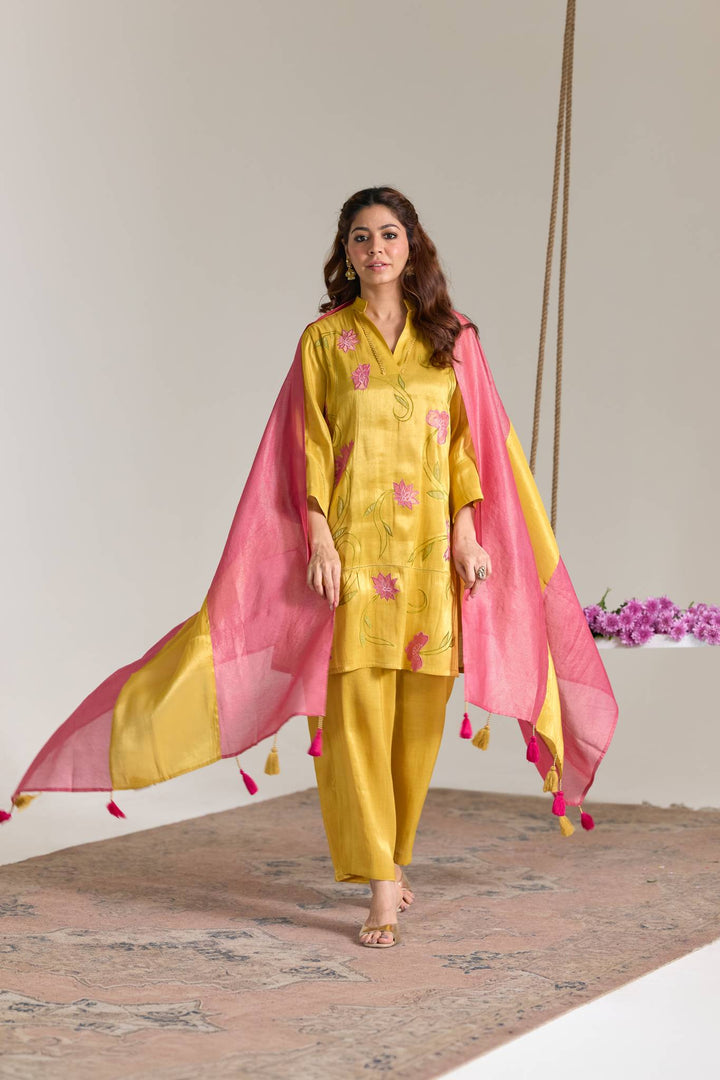 Fuschia Yellow Applique Embroidered Tissue Kurta Set- Set of 2