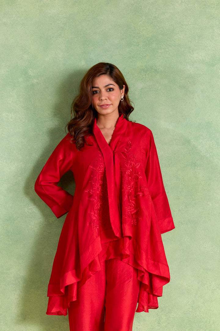 Rosy Charm Embroidered Chanderi Kurta with Straight Pants and Slip - Set of 3