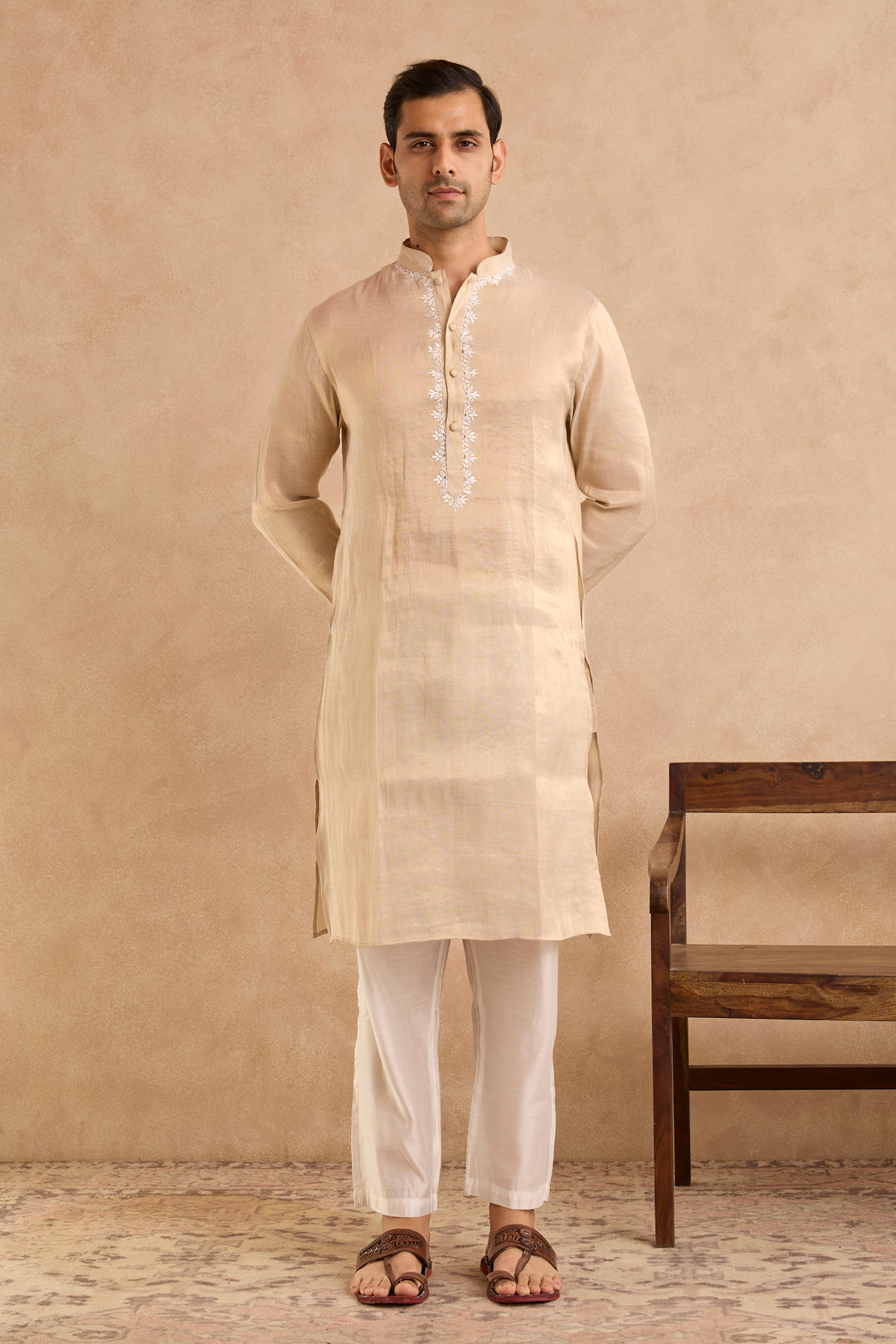 Gold Yoke Embroidered Tissue Kurta