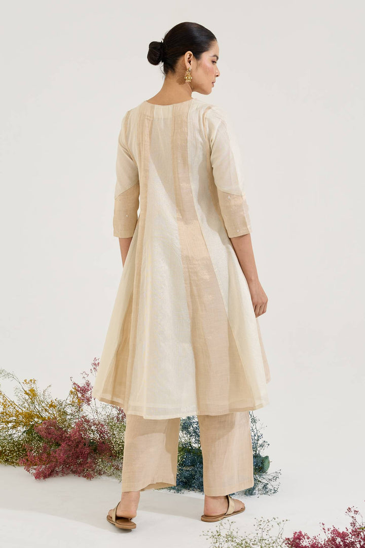 Gold Rose Panel Anarkali with Wide Leg Pants - Set of 2
