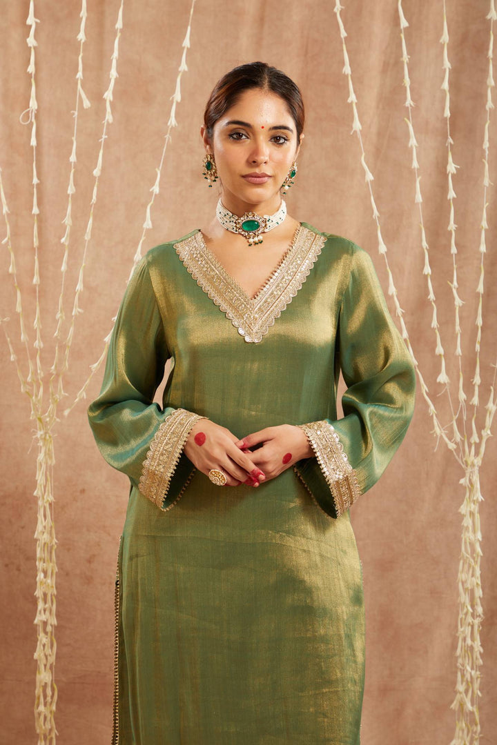 Green Sequins Gota Tissue Kurta with  Wide Leg Pants and Dupatta - Set of 3