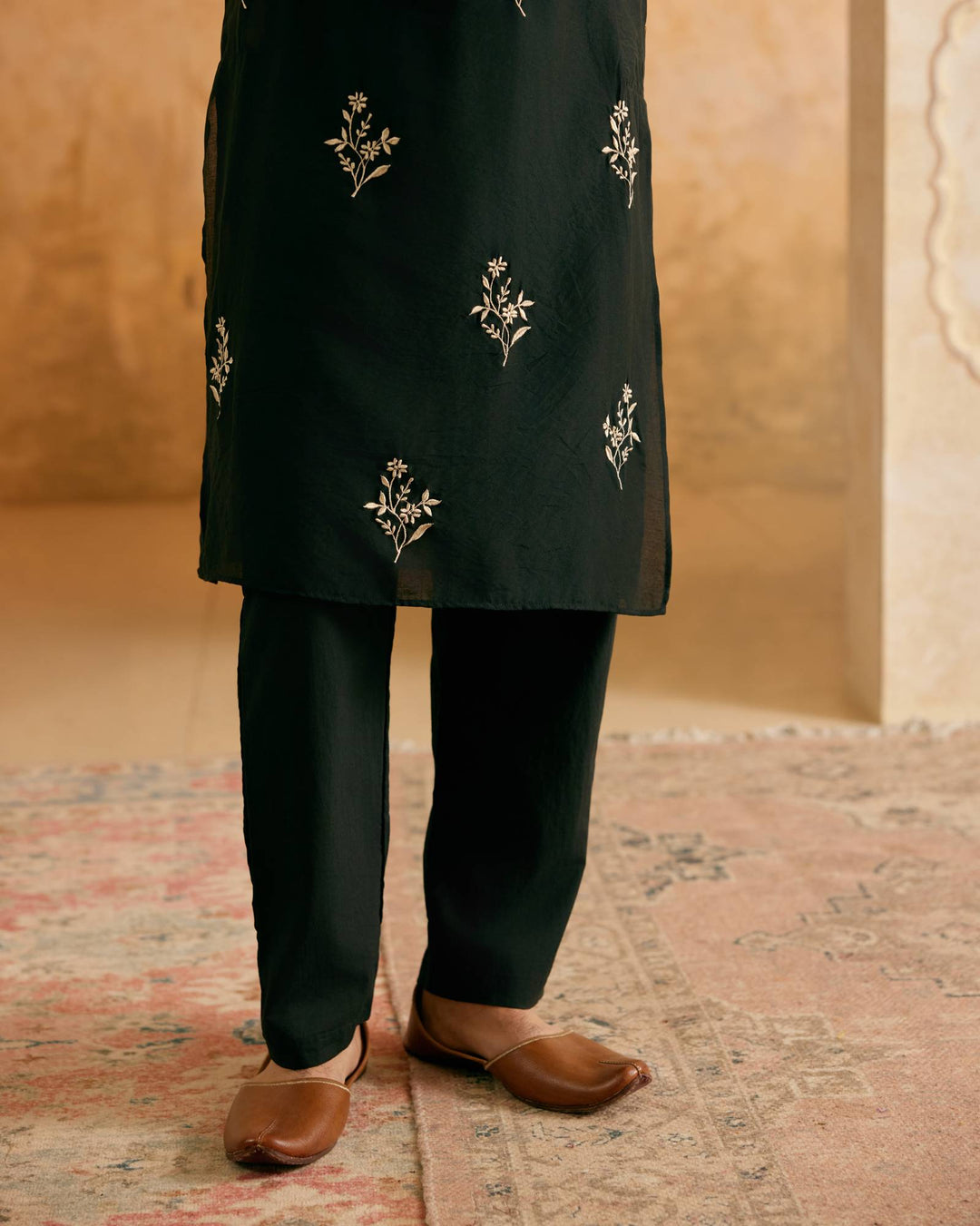 Royal Black Embroidered Silk Kurta