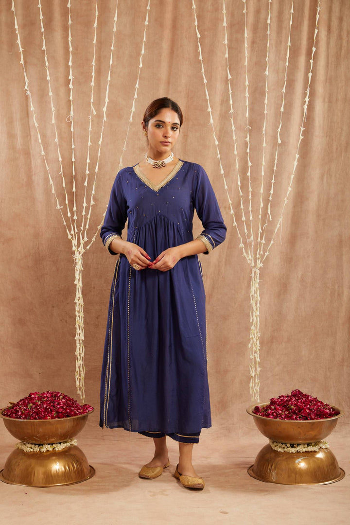 Blue Charm Chanderi Kurta with Narrow Pants and Dupatta - Set of 3