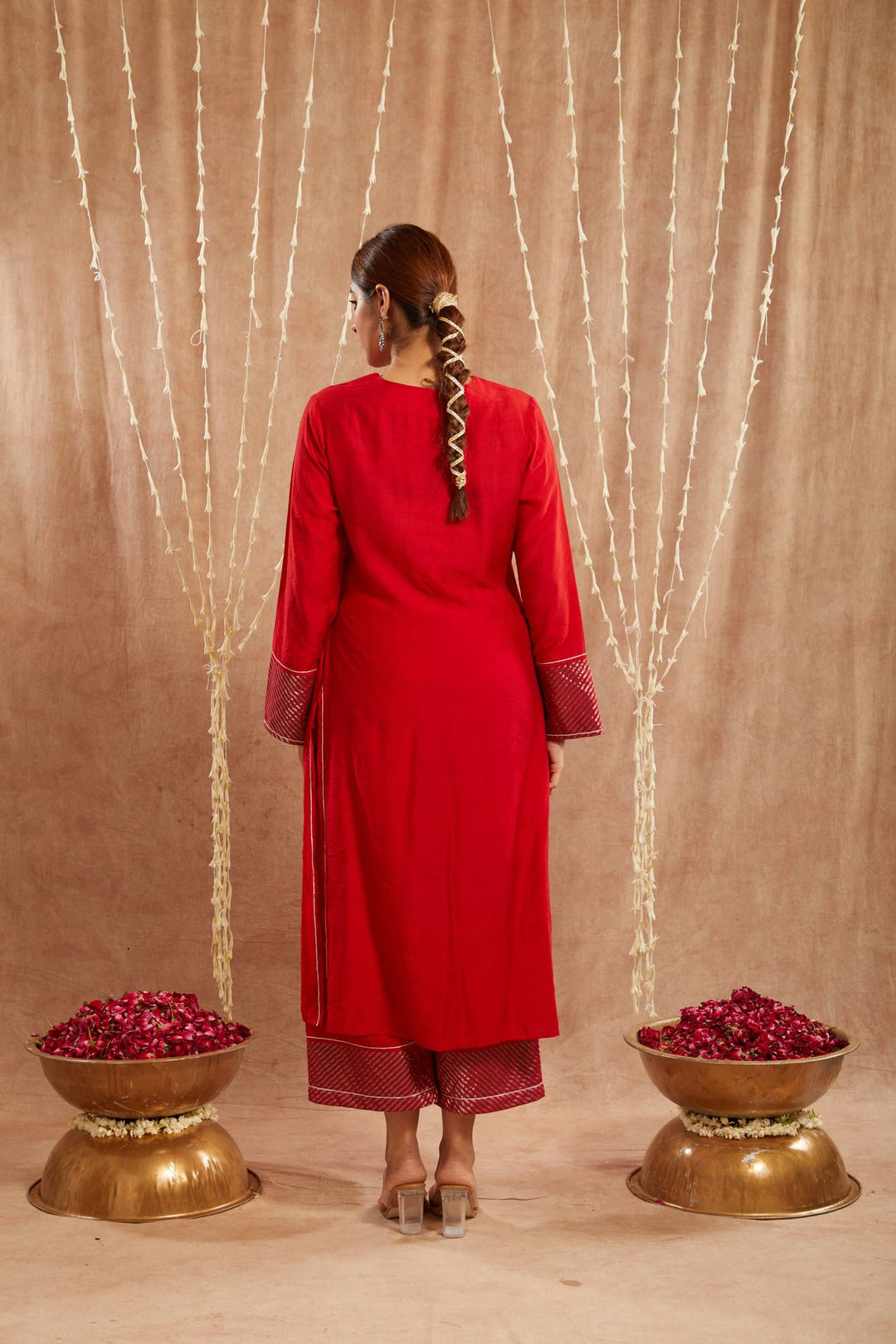 Red Zari Chanderi Kurta with Narrow Pants