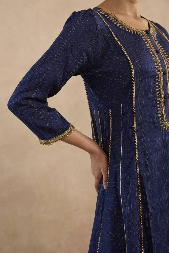 Navy Lotus Embroidered Anarakali with Flared Pants - Set of 2