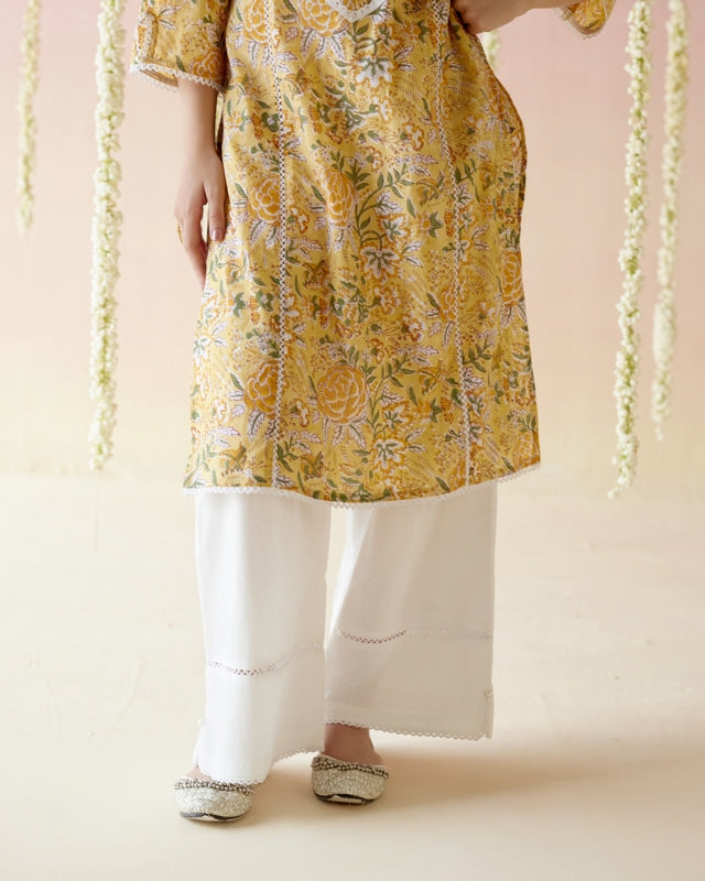 Sunflower Yellow Floral Chintz Kurta with Wide Leg Pants - Set of 2