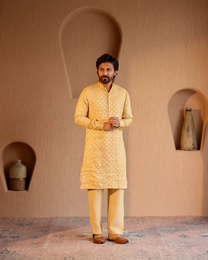 Golden Zari Brocade Kurta with Narrow Pants - Set of 2