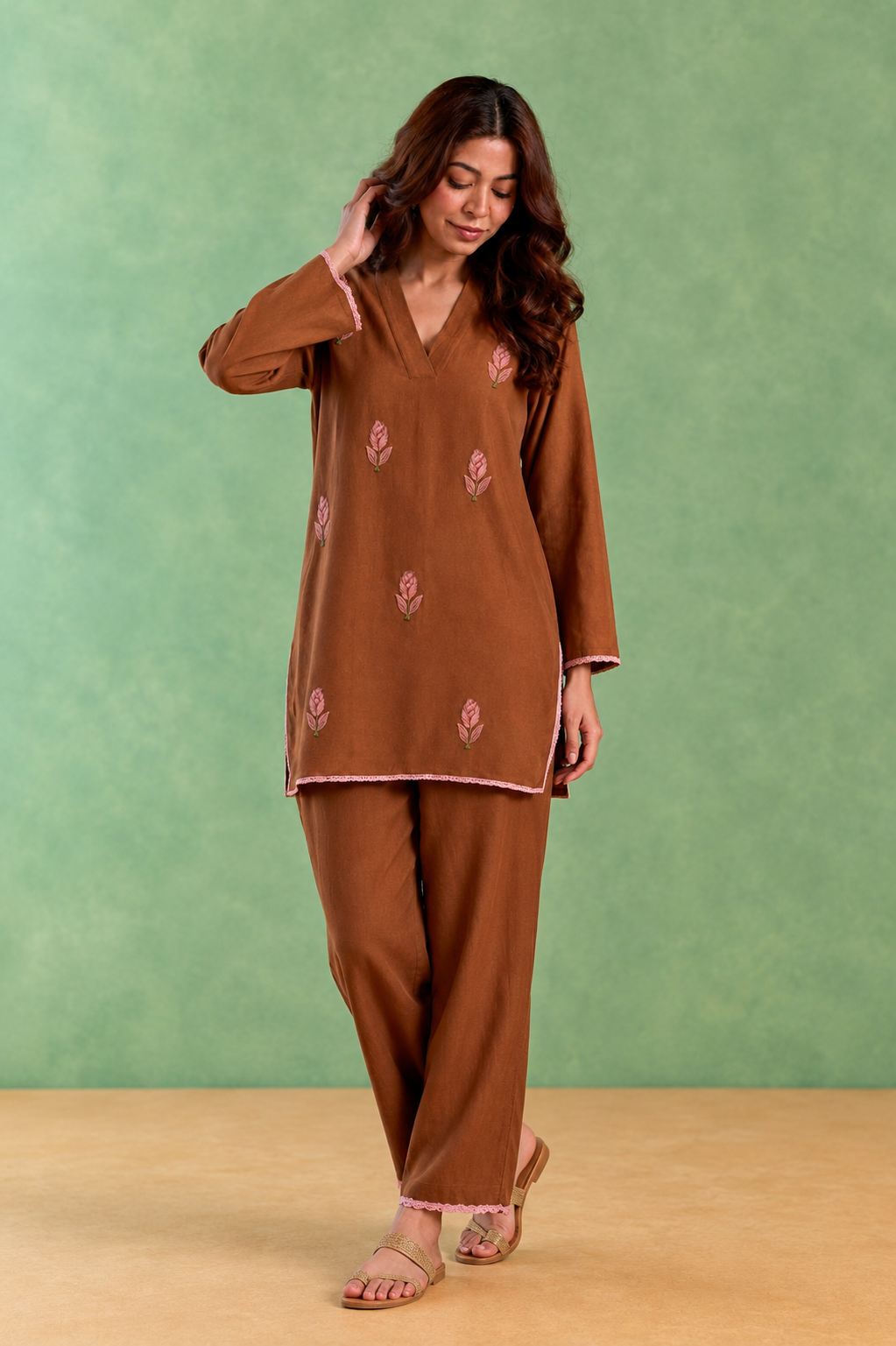 Brown Rose Embroidered Handloom Cotton Top