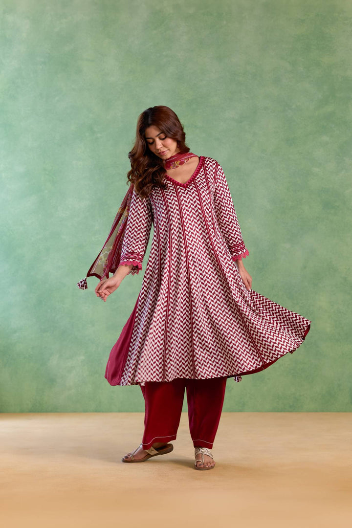 Maroon Beaded Chevron Anarkali with Flared Pants and Dupatta - Set of 3