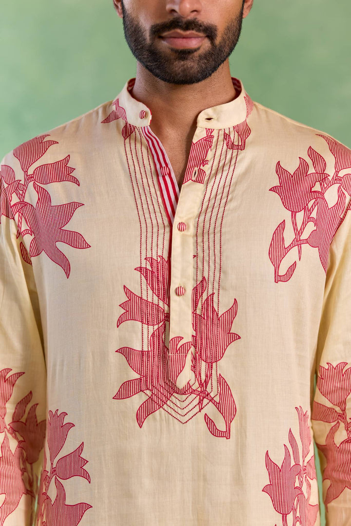 Ivory Red Floral Stripe Kurta