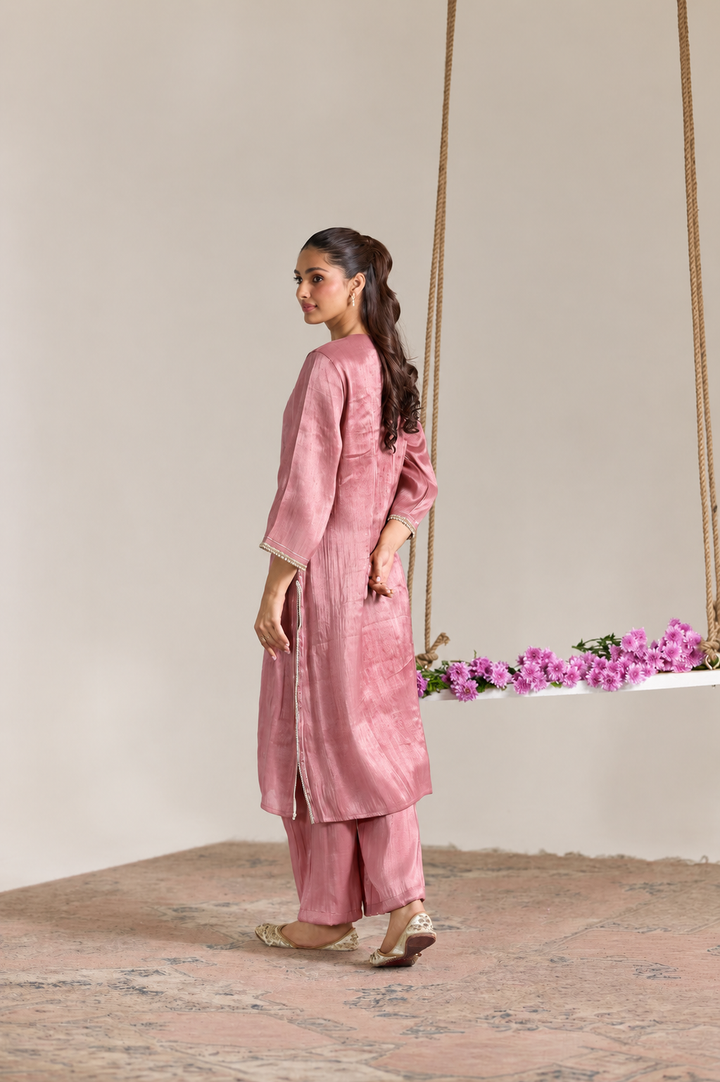 Pink Pearl Zari Embroidered Tissue Kurta Set with Stripe Dupatta - Set of 3