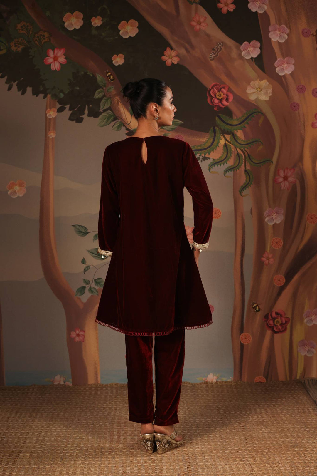 Maroon Petal Beaded Velvet Tunic with Narrow Pants - Set of 2