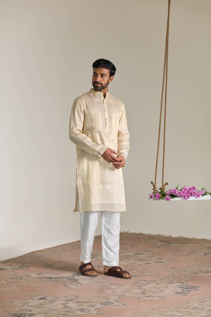 Golden Floral Stripe Embroidered Kurta with Narrow Pants