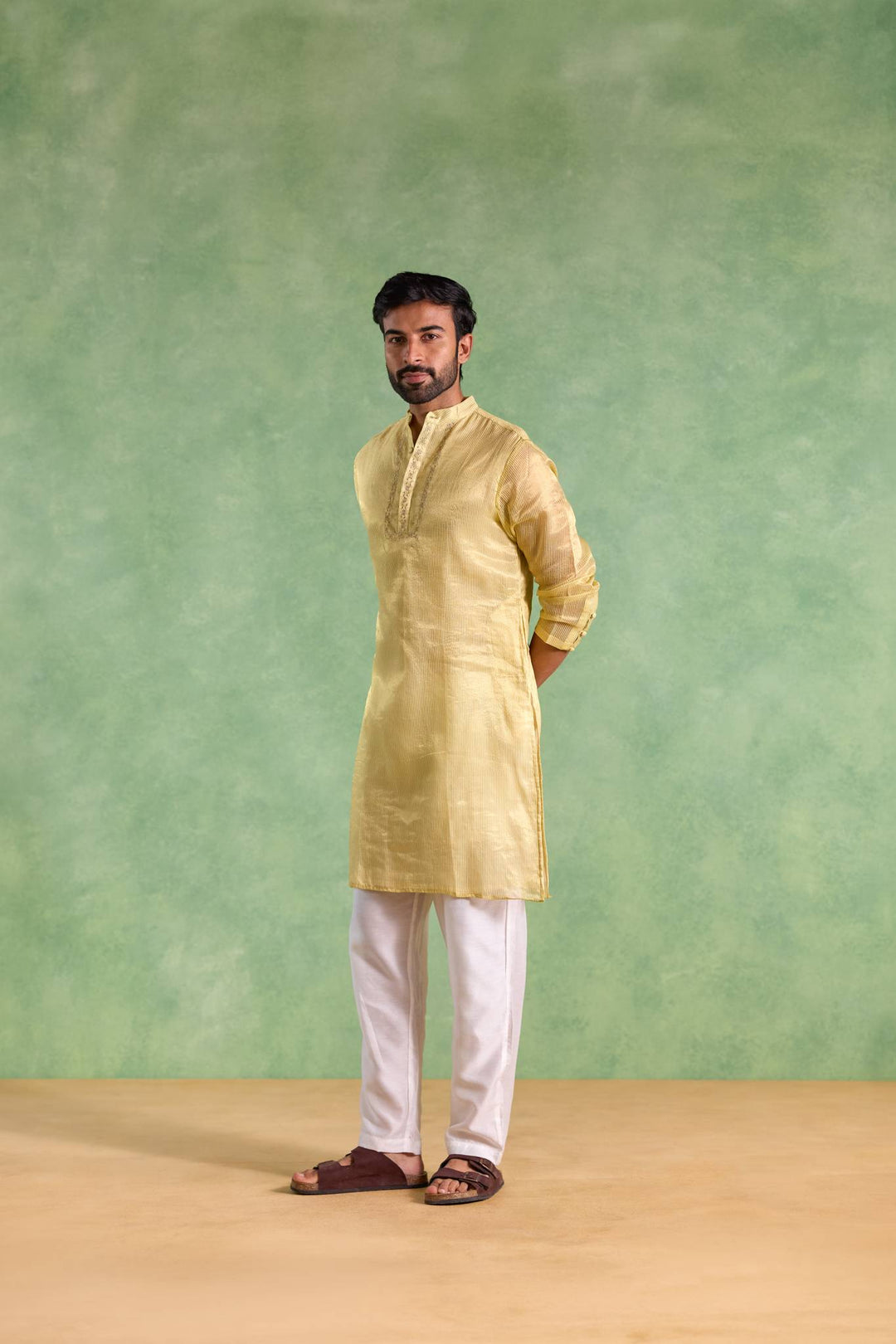 Yellow Gold Stripe Embroidered Kurta with Narrow Pants