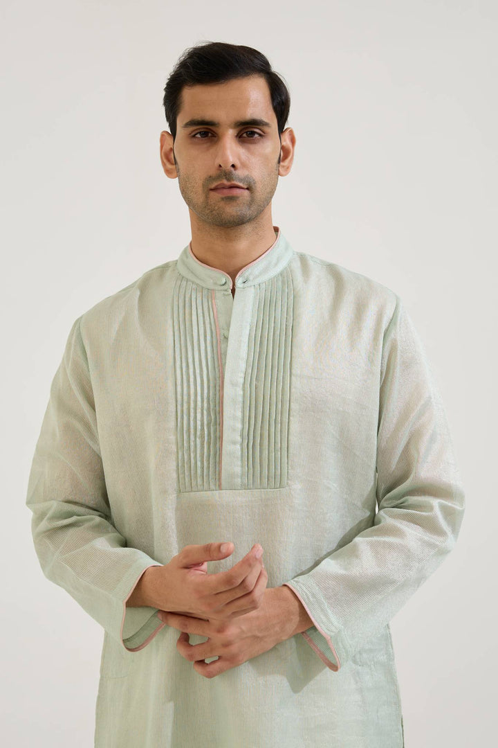 Mint Pintuck Chanderi Stripe Kurta with Narrow Pants - Set of 2