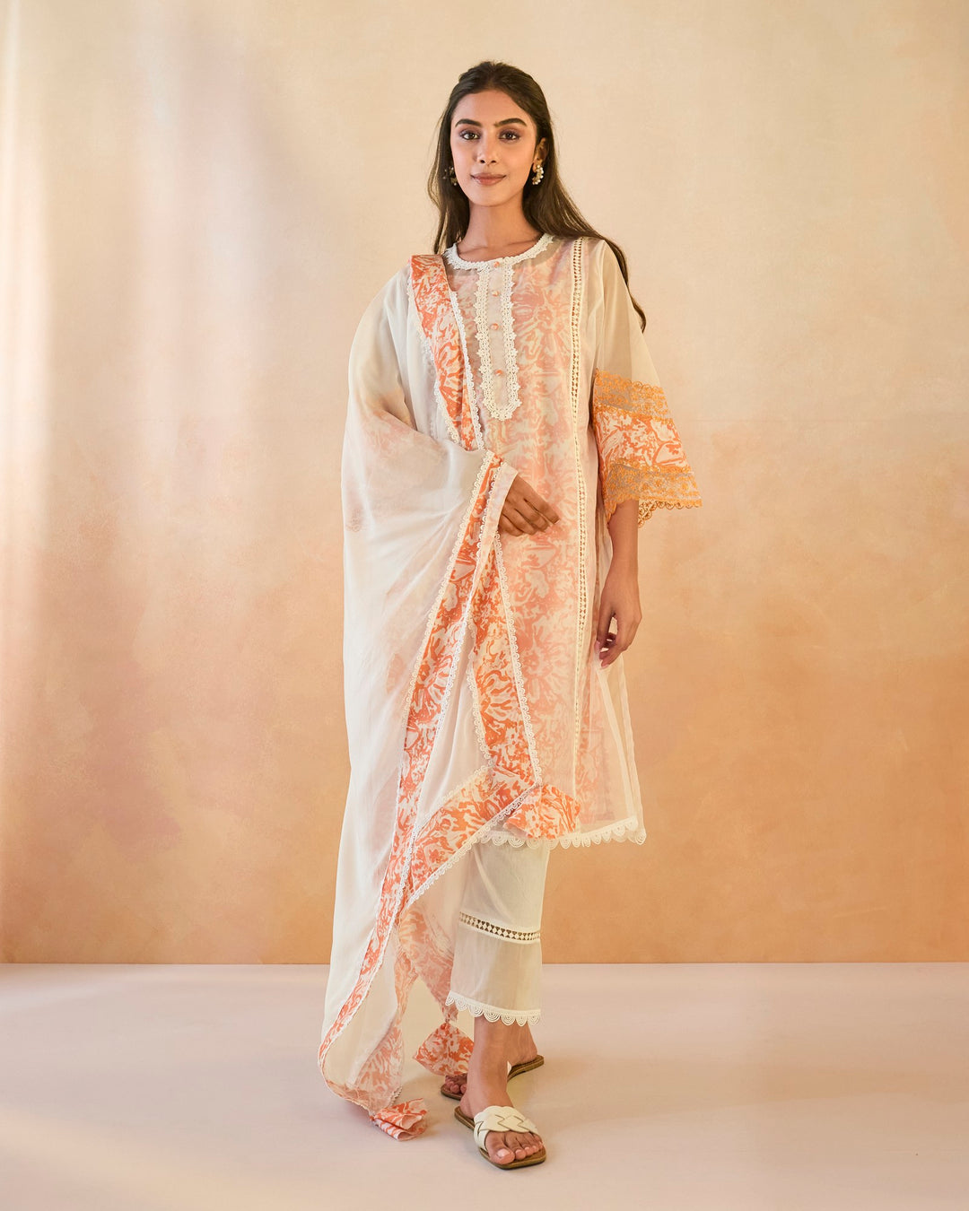 Orange Floral Embroidered Kurta