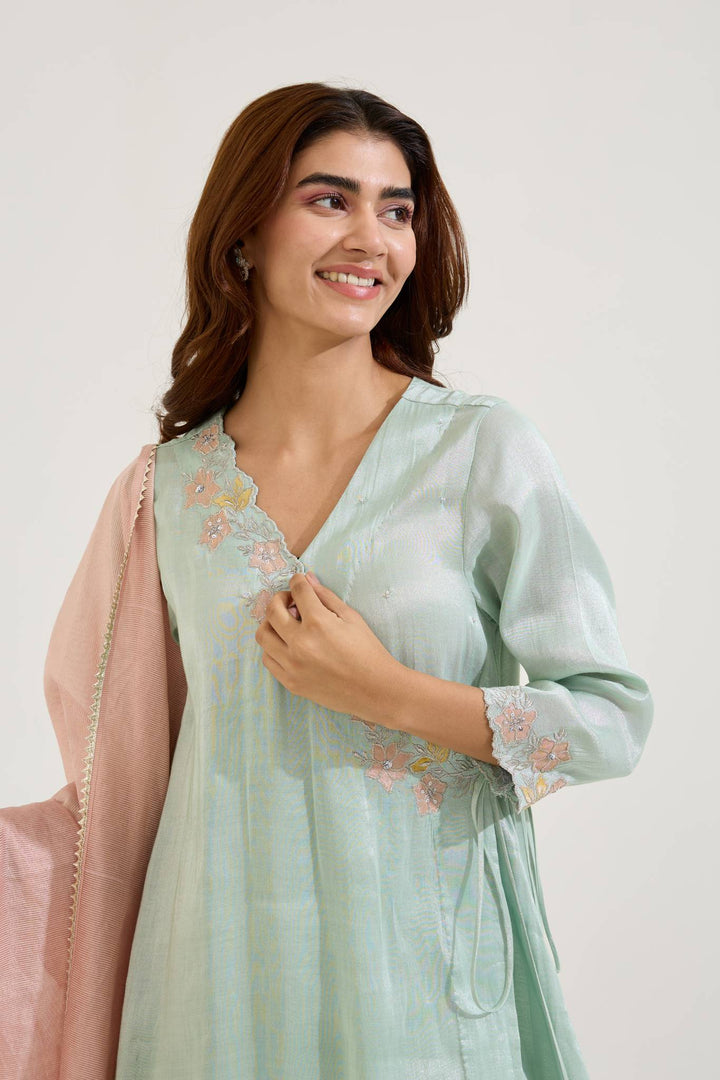 Mint Floral Zari Tissue Angrakha with Narrow Pants and Dupatta - Set of 3