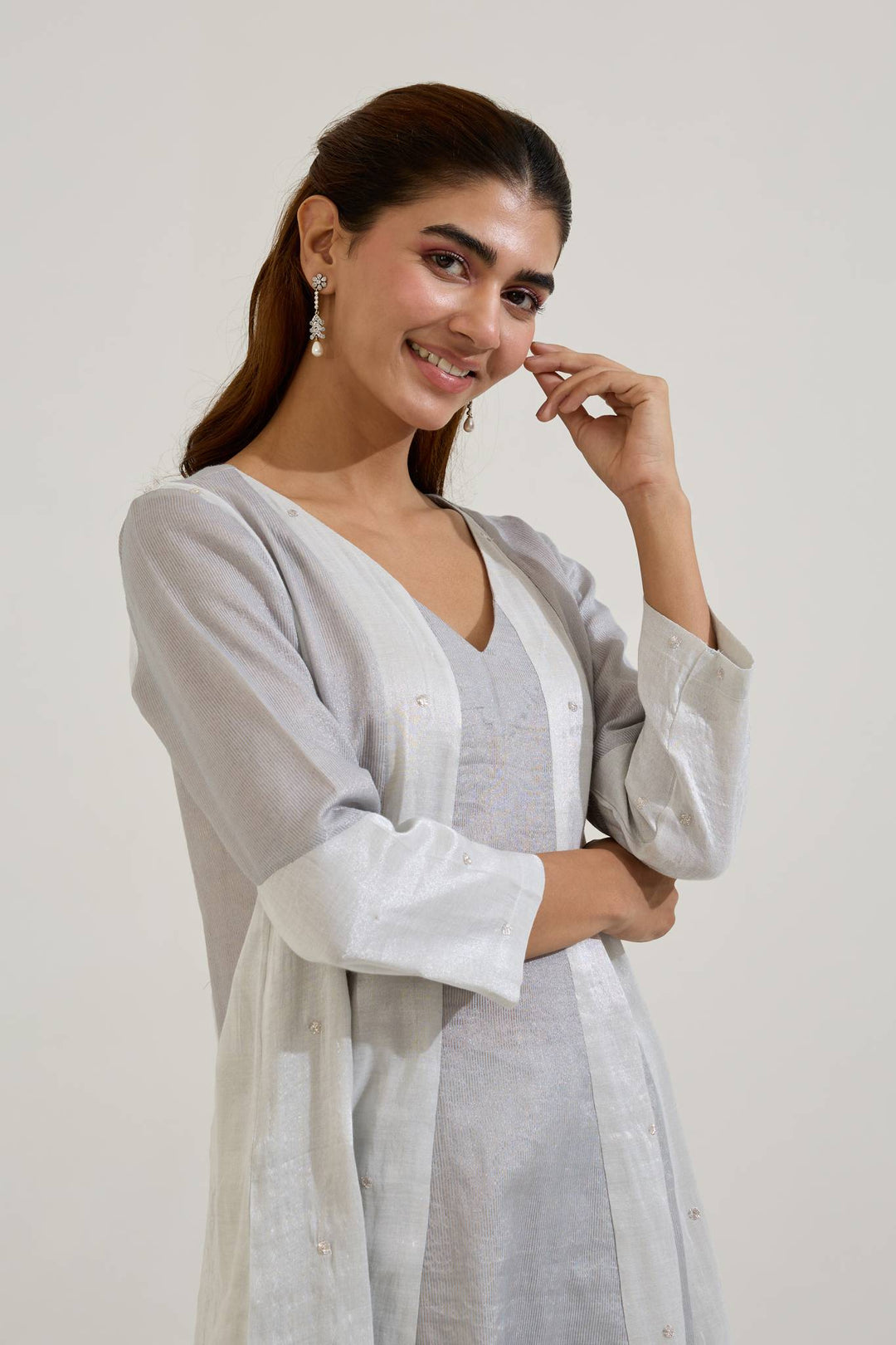 Silver Rose Panel Anarkali with Wide Leg Pants - Set of 2