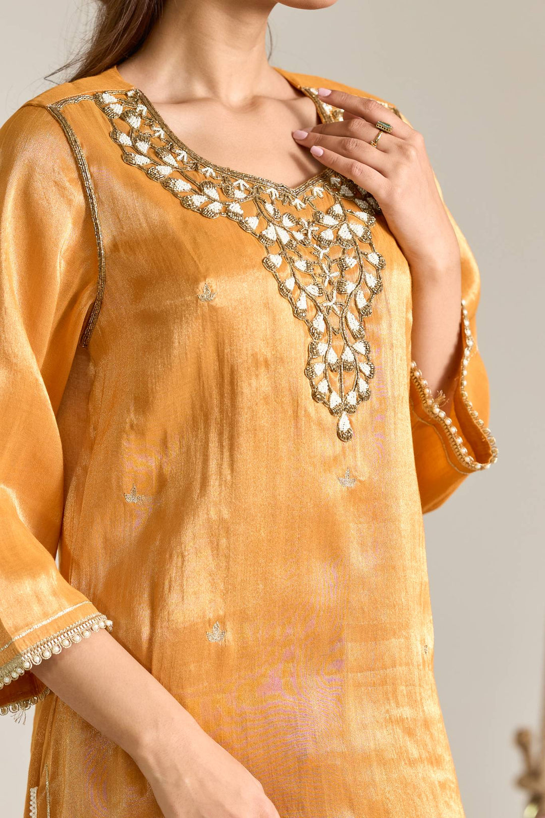 Orange Pearl Zari Embroidered Tissue Kurta Set - Set of 2