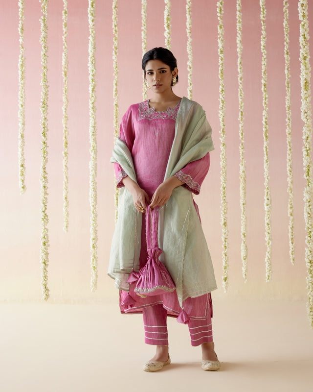 Peony Pink Tissue Kurta with Narrow Pants & Dupatta - Set of 3