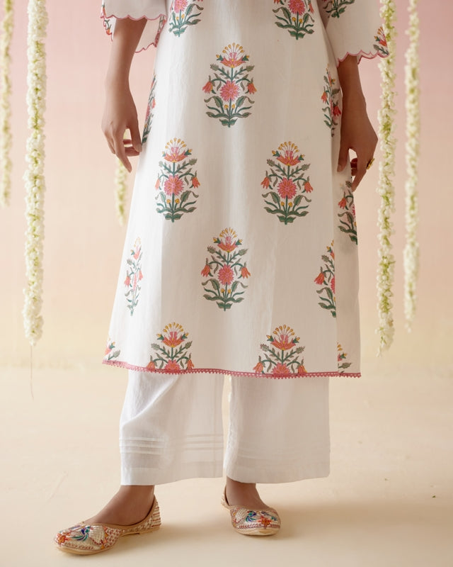 Tulip Pink Floral Buta Kurta with Wide Leg Pants- Set of 2