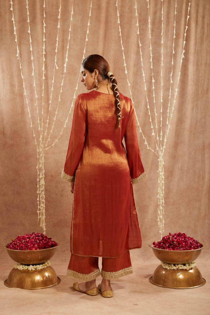 Rust Sequins Gota Tissue Kurta with  Wide Leg Pants and Dupatta - Set of 3