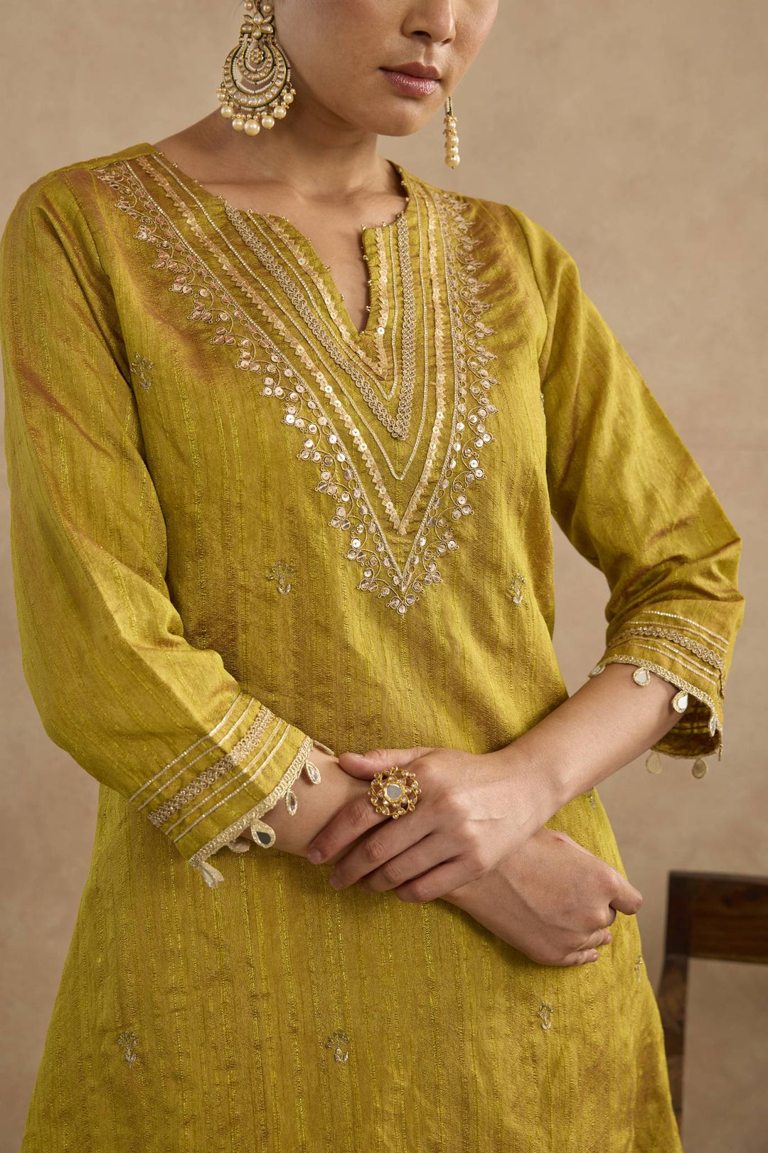 Warm Green Embroidered Kurta with Flared Pants - Set of 2