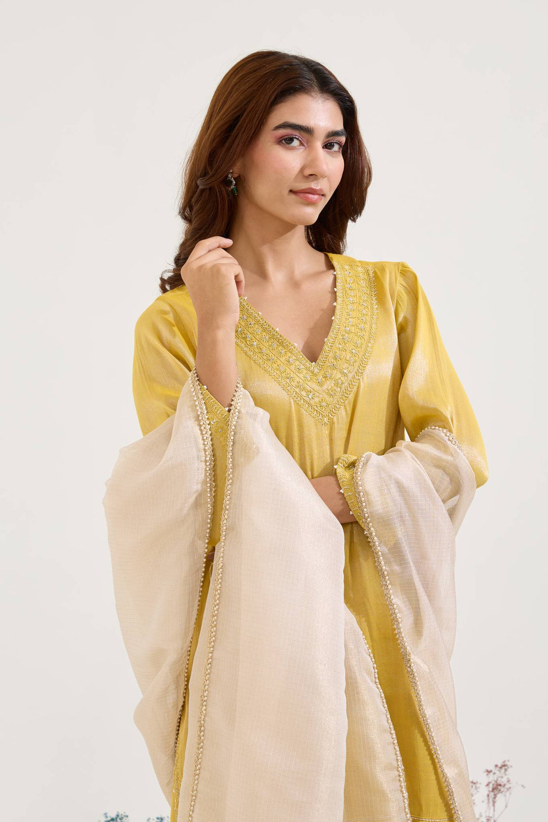 Old Yellow Charm Tissue Kurta with Sharara and Dupatta - Set of 3