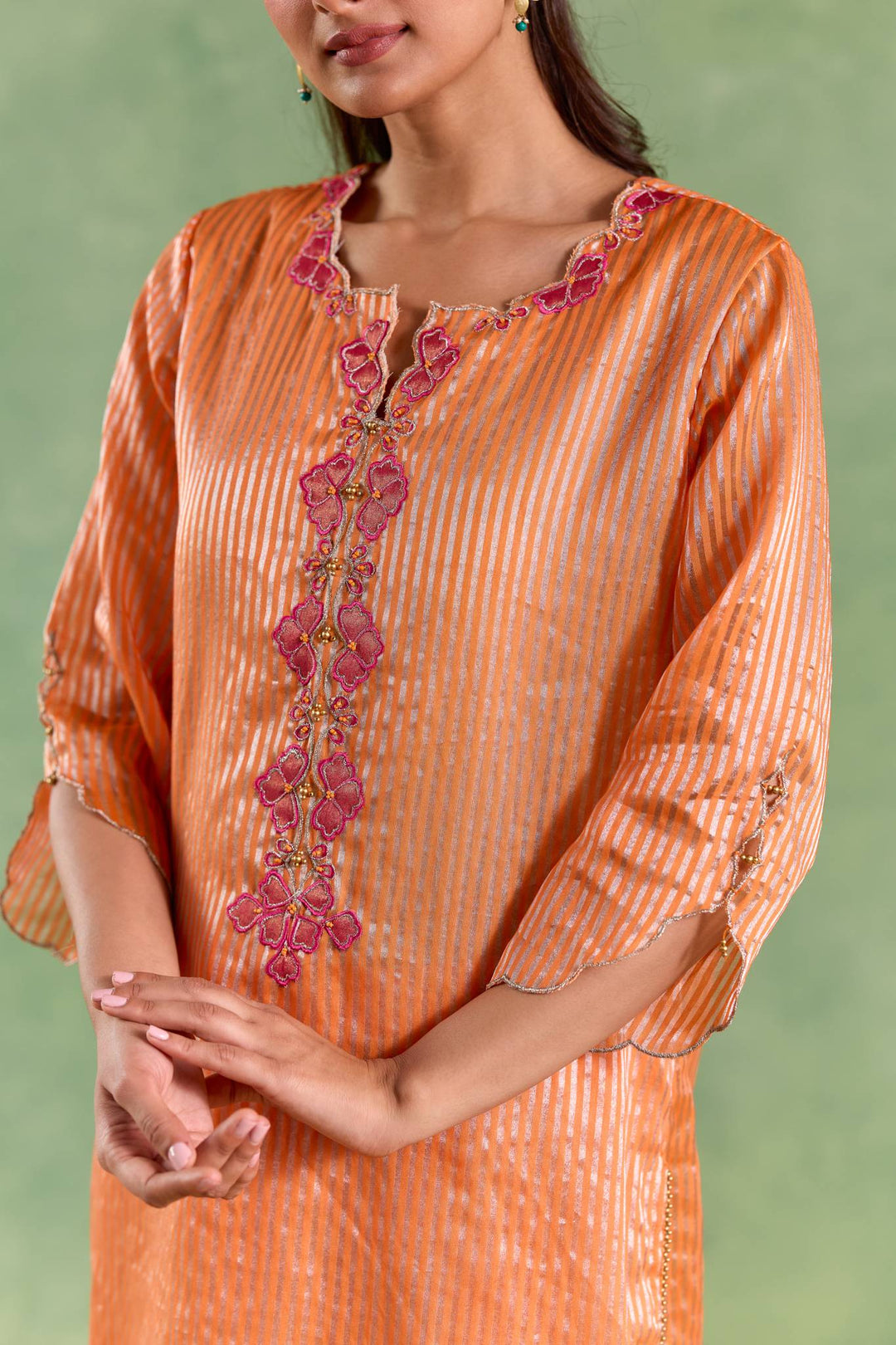 Orange Scallop Zari Kurta with Narrow Pants and Dupatta - Set of 3