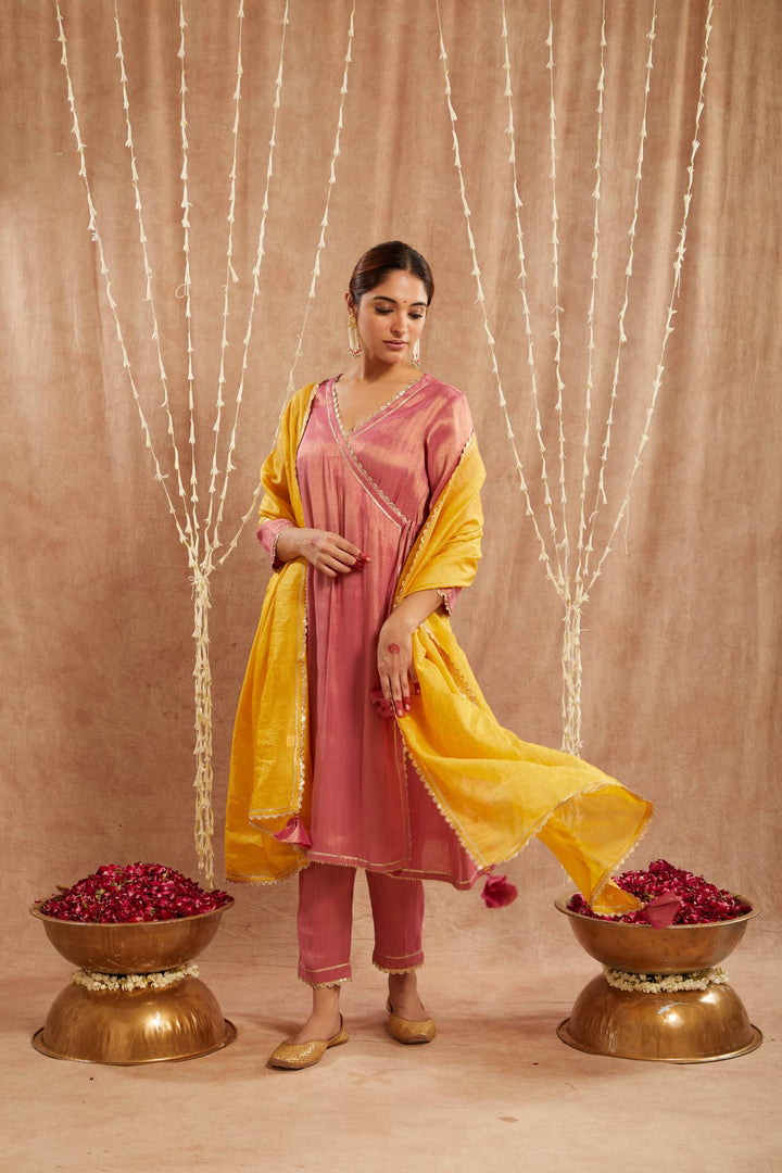 Pink Scallop Tissue Angrakha with  Narrow Pants and Dupatta - Set of 3