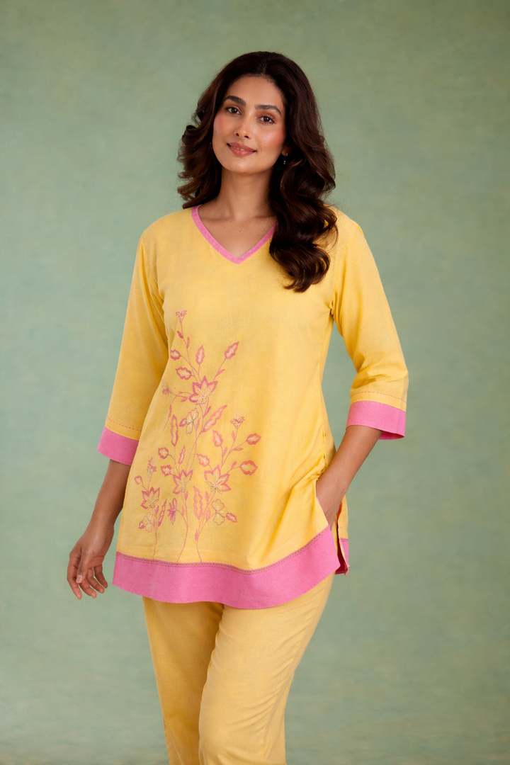 Yellow Pink Embroidered Handloom Linen Co-ord Set