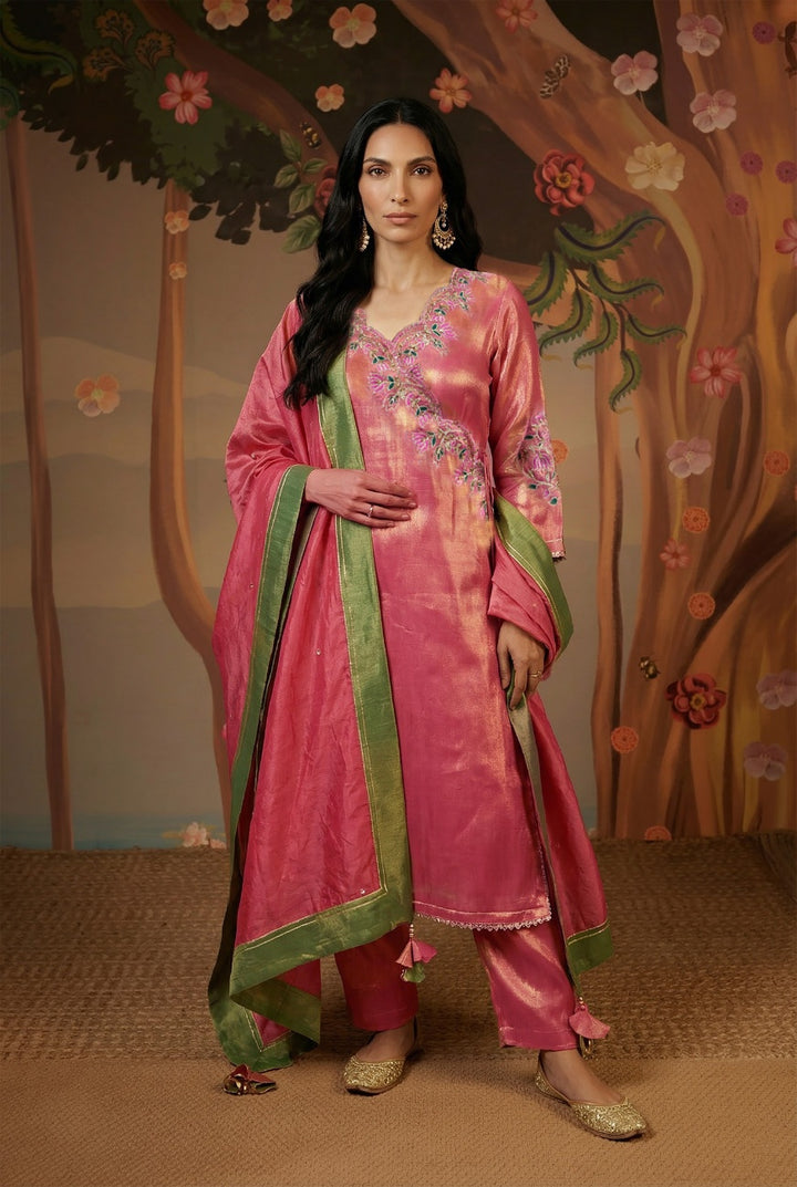 Fuchsia Lotus Scallop Tissue Angrakha with Narrow Pants and Dupatta - Set of 3