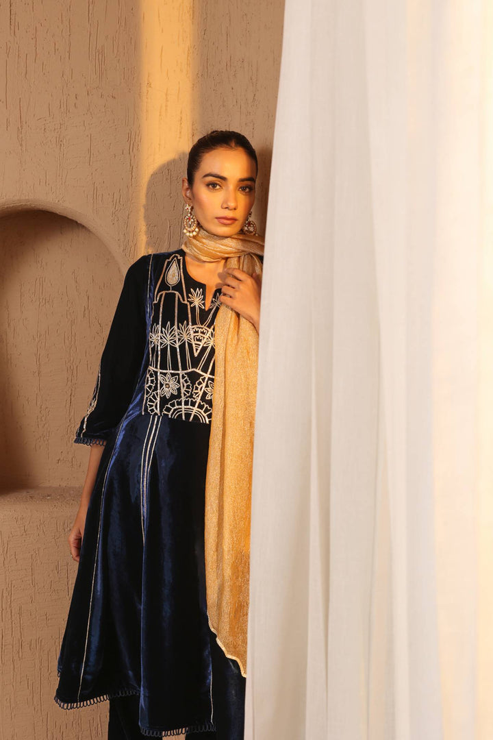 Navy Gota Velvet Anarkali with Narrow Pants and Scallop Dupatta - Set of 3