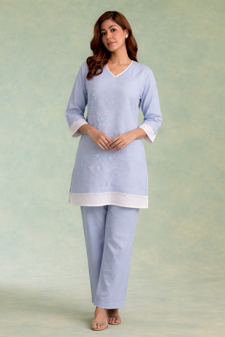 Old Blue Embroidered Handloom Linen Top