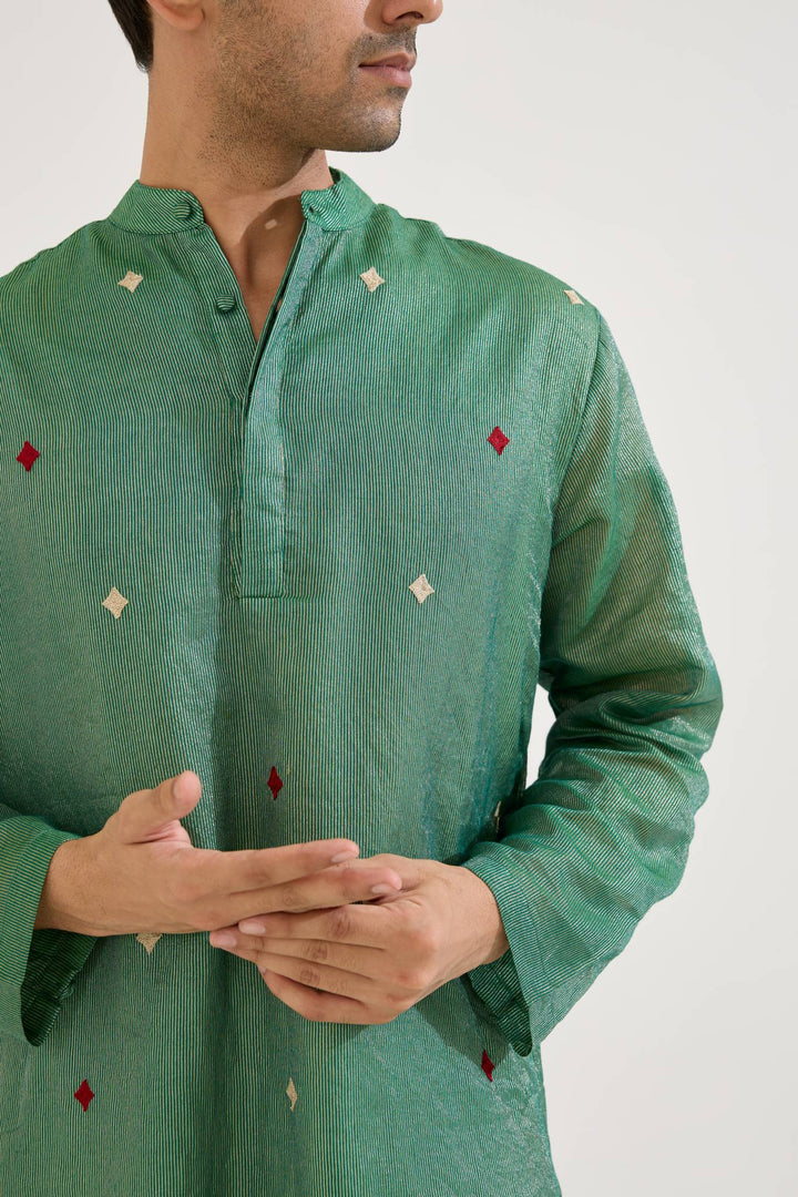 Emerald Buta Chanderi Stripe Kurta with Narrow Pants - Set of 2