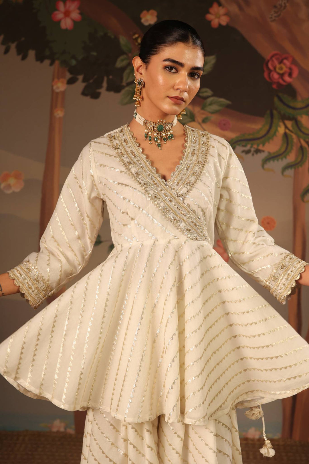 Ivory Gold Embroidered Angrakha with Sharara and Dupatta - Set of 3