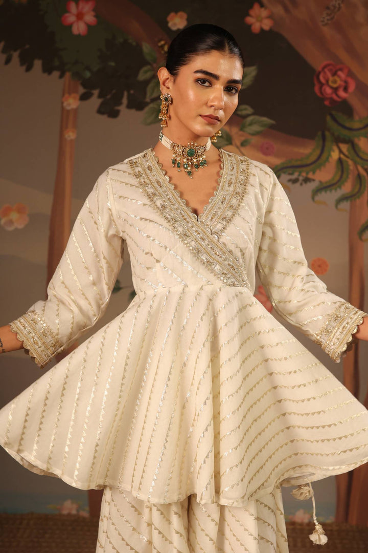 Ivory Gold Embroidered Angrakha with Sharara and Dupatta - Set of 3