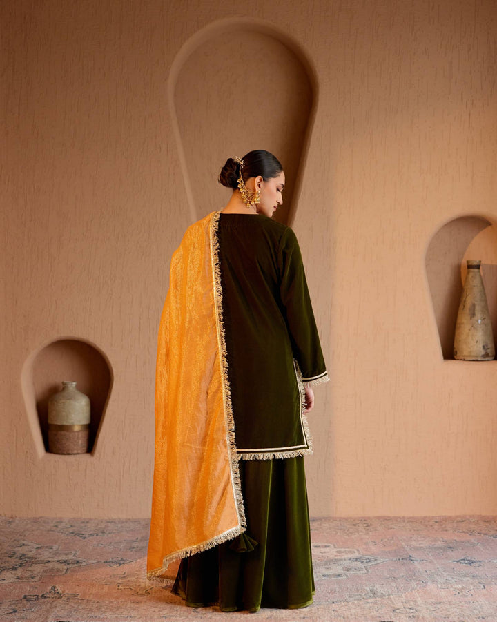 Olive Dori Velvet Kurta with Sharara Pants and Dupatta - Set of  3