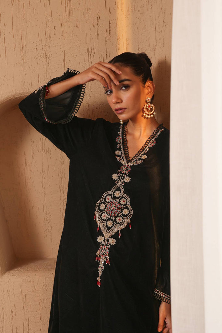 Black Dori Embroidered Kurta with Narrow Pants and Dupatta - Set of 3