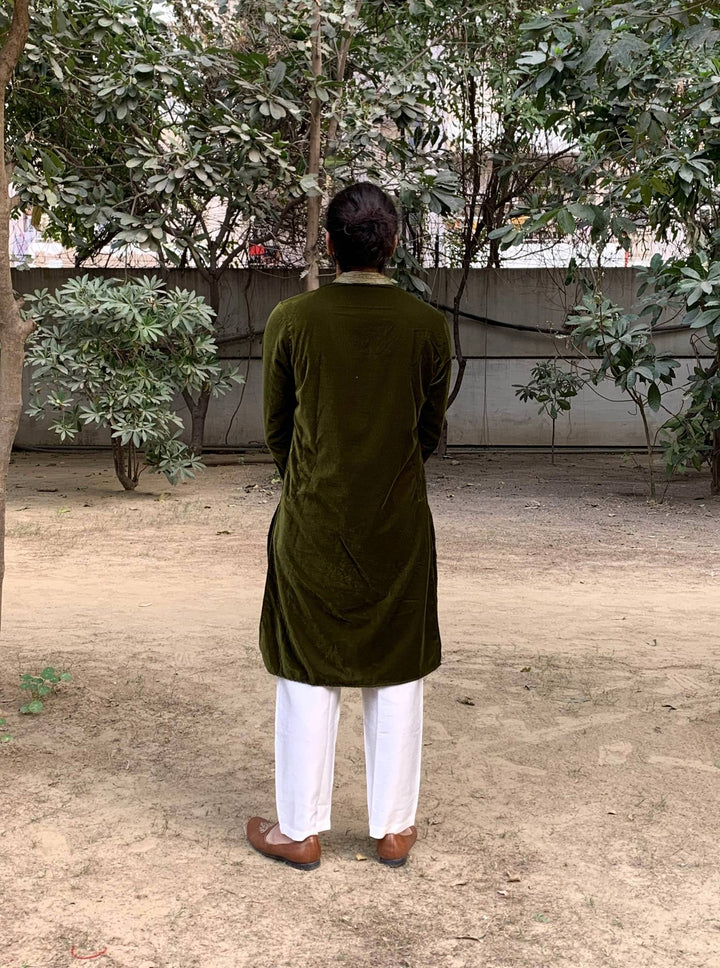 Olive Green Embroidered Velvet Kurta