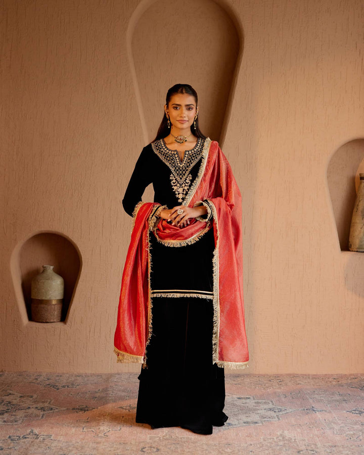 Black Dori Velvet Kurta with Sharara Pants and Dupatta - Set of  3