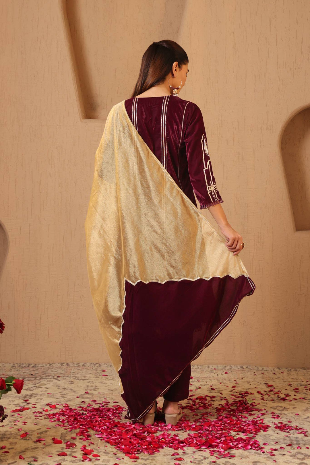 Wine Gota Velvet Anarkali with Narrow Pants and Scallop Dupatta - Set of 3